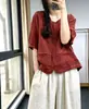Camisa de Algodão com Fio Duplo de Manga Curta para Mulheres 2026 Verão Novo Estilo Retro Solta Gola Redonda Cor Lisa Cardigan Top