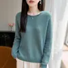 Otoño Invierno Nuevo Estilo Primera Línea Siete Puntos Cuello Redondo Dobladillo Enrollado Camiseta Base de Manga Larga Tejido Suéter Pulóver Holgado para Mujer