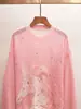 Ropa de Mujer de Gama Alta de Shenzhen Nuevo Estilo de Primavera Estilo Perezoso Suéter Rosa de Cuello Redondo con Pedrería y Estampado de Pony