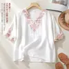 Verão 2026 Novo Retrô Artístico Algodão Linho Alto Padrão Bordado Pesado Camisa Gola V Solta Emagrecedora Versátil Top