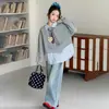 Moletom Duas Peças para Meninas, Novo Estilo de Primavera, Estampa de Desenho Animado com Laço, Blusa Casual Solta de Primavera para Crianças Maiores e Estudantes