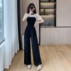 Macacão Socialite Cintura Alta Perna Larga 2024 Verão Nova Moda Elegante Ajustado Slim Macacão Preto Slim Moderno