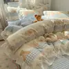 Juego de Cama Cuatro Piezas de Algodón Puro, Estilo Princesa, Funda de Edredón 100% Algodón, Ropa de Cama con Encaje Femenino, Juego de Tres Piezas para Dormitorio de Estudiante Individual