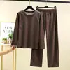 Conjunto de casa cálido, nuevo estilo otoño e invierno, conjunto de dos piezas para mujer con top grueso holgado de manga larga y cuello redondo, y pantalones de pierna ancha