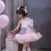 Saia de Princesa para Meninas Vestido Arco-Íris Celebrante Cibernético Saia Explosiva com Babados Vestido de Aniversário de Um Ano Saia com Véu Conjunto de Outono Moda