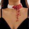 Gargantilla gótica de perlas con diseño transfronterizo europeo y americano, con borlas y gotas de sangre para Halloween.