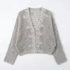 Cardigan de Lana con Encaje Hueco Estilo Perezoso Suéter de Cuello V Manga Murciélago Chaqueta Corta Ropa de Punto Nueva de Otoño para Mujer