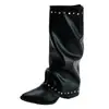 Botas de media caña con punta y tachuelas de estilo retro europeo y americano para mujer, novedad otoño 2026, negras de pierna ancha, tacón grueso, para aumentar la altura, botas de montar