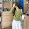 Suéter Chic Coreano Elegante de Otoño e Invierno con Cuello en V Cruzado, Top de Punto Adelgazante que Resalta la Cintura, Camisa Básica Ajustada de Manga Larga