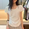 Comercio exterior transfronterizo al por mayor verano hilo de algodón cuello bajo hombro manga corta camiseta mujer corte ajustado top fino camiseta básica