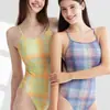 Traje de banho feminino de peça única triangular xadrez pequeno da moda, para corrida profissional, conservador, secagem rápida, justo, roupa de banho feminina para treinamento esportivo