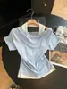 Camisa Manga Curta com Design Estilo Coreano, Falsa Peça Dupla, Gola Halter para Mulheres, Novo Estilo Verão, Cintura Marcada, Emagrecedor, Versátil, Top Estilo Preguiçoso