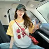 Camiseta de Manga Corta Raglán con Bloques de Color a Cuadros Azules para Mujer, Verano 2026, Estampado de Dibujos Animados Único y Exquisito, Corte Holgado, Top Favorecedor