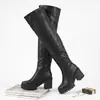 Botas longas femininas versáteis para outono e inverno, botas de cano alto tamanho grande, bico redondo, sola grossa, plataforma impermeável, salto quadrado, botas femininas transfronteiriças