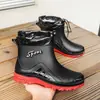 Botas de lluvia forradas de polar, botas de goma antideslizantes, botas de pesca de moda para hombre de caña corta, botas de trabajo de caña media engrosadas para sitios de construcción, cálidas y resistentes al desgaste