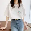 Nova coleção de verão: Camiseta feminina de algodão puro de manga curta, estilo coreano, corte solto, top versátil, gola redonda, perfeita para usar em camadas, moderna e estilosa