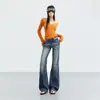 Jeans boca de sino lavado com aspecto desgastado estilo americano resistente, cor Laranja Juvenil, para mulheres, corte slim, estiloso, versátil