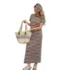 Vestido Largo de Manga Corta a Rayas para Mujer Verano Holgado Estilo Resort Vestido Transfronterizo Europeo Americano Casual de Playa