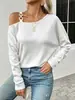 2026 Moda Casual Elegante Feminina Europeia e Americana Transfronteiriça Amazon TK Cor Sólida Manga Longa Ombro a Ombro Camiseta