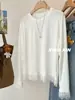 Talla Extra 100kg Estilo Coreano Camiseta Blanca de Manga Larga con Adorno de Encaje Suave para Mujer, Top Protector Solar, Moderno