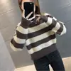 Estación Europea Otoño e Invierno Nuevo Jersey de Punto a Rayas de Color Contrastante de Cuello Redondo de Manga Larga de Estilo Perezoso Combinable para Mujer