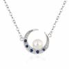 Collar con colgante de media luna de perla blanca natural, color plata, tesoro, comercio exterior, micro colgante de media luna de cristal azul puntiagudo.