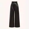 Pantalones de Cuero PU Estilo Retro Americano Cruzado Negro para Mujer Estilo Chica Picante de la Calle Alta Pantalones de Pierna Ancha Color Sólido Desgastados para Mujer Dropshipping