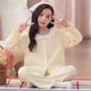 Pijama de Niña Estilo Princesa Primavera y Otoño Manga Larga Pantalón Largo Cuello de Encaje Infantil Cardigan Ropa de Casa Algodón Nube Conjunto de Dos Piezas