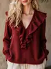 Moda Transfronteriza Europea y Americana para Mujer Otoño Caliente Nuevas Llegadas Color Sólido Terciopelo Cuello en V Volantes Top Elegante para Mujer