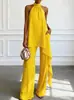 Novo Conjunto de Moda Verão Europeu e Americano Cor Sólida Amazon Transfronteiriço Elegante Top sem Mangas com Gola Halter e Calça de Chiffon