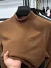 Camiseta Masculina Outono e Inverno Dupla Face Escovada Manga Longa Gola Alta Meia Camisa Base Quente de Veludo Moletom Bordado para Jovens e Meia-Idade