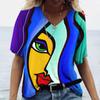 Camiseta Estampada 3D Cara Arte Abstracto de Verano para Mujer Moda Calle Vestido Camiseta de Manga Corta con Cuello en V Camiseta Harajuku Top