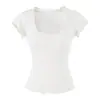 Ropa de mujer transfronteriza al por mayor 2026 verano nuevo estilo puro deseo cuello en U borde ondulado manga corta ajustado elástico camiseta top