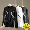 Camiseta fina de manga larga para hombre para otoño, color liso, elástica, secado rápido, corte holgado, cuello redondo casual moderno, camiseta interior