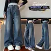 Roupas infantis para meninas, calças retas jeans para primavera e outono, novo estilo de outono 2026, calças jeans largas casuais da moda para meninas