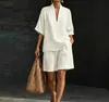 Traje de Lino Estilo Old Money para Mujer Verano Holgado Cuello en V Manga Corta Pantalones de Pierna Ancha Conjunto de Dos Piezas Sensación Perezosa Relajada