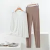 Conjunto de Modal Plus Size para Primavera e Outono, Confortável, Solto, Casual, Gola V, Manga Longa, Calça de Cintura Alta, Roupa de Casa, Conjunto de Duas Peças