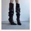 Botas de salto alto stiletto bico fino plus size, novo estilo outono e inverno 2026, botas plissadas empilhadas, botas de montaria, botas longas de salto alto para pessoas baixinhas