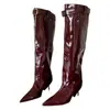 Primeiro Encontro Sazonal Duas Formas Bota Longa de Couro Verniz Vinho Tinto Destacável de Salto Alto para Mulheres, Botas Curtas Elegantes Afiadas para Outono/Inverno para Mulheres