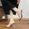 Meias Pantufas de Uma Alça para Mulheres, Sandálias de Verão para Exterior 2025, Sandálias Transparentes com Strass, Salto Alto Quadrado Estilo Fada com Biqueira Aberta