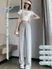 Pantalones de protección solar, pantalones de pierna ancha, pantalones de mujer de cintura alta, sencillos, resistentes al viento, de pierna recta, pantalones casuales de verano con dosificación de seda fina para uso exterior