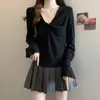 Camiseta de punto negra de manga larga con cuello en V, estilo nuevo de otoño 2025 para mujeres de talla grande, top básico para principios de otoño