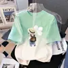 Camiseta Infantil Gradiente de Manga Curta, Top Estiloso Estampado de Verão para Meninas, Solto, Respirável, Versátil, Estilo Coreano para Crianças Maiores