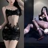 Lingerie Sexy Renda Transparente Camisola Sexy Estilo Irmã Real Pijama com Meia-Calça de Tela Estilo Pura Luxúria Feminina Bordado Verão