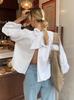 Verano 2025 Francés Commuter Blanco Cuello Redondo Manga Abullonada Top para Mujer Suelto Chic Espalda Descubierta Camisa con Cordones Ropa de Mujer
