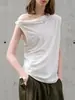 Top de punto de lino estilo Old Money, Chaleco asimétrico sin hombros para mujer, Blusa de algodón y lino de verano sin mangas con hombro retorcido
