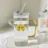 Copo de Vidro Resistente a Altas Temperaturas, Copo Quadrado Transparente para Água, Copo com Canudo e Alça de Laço