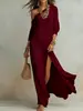 Vestido de Punto Plisado Elegante de Manga Larga con Abertura para Mujer, Nuevo de Verano 2026, Estación Independiente Europea y Americana