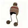 Chapéu de tricô retrô estilo Fair Isle para mulheres, quente e protege as orelhas para outono e inverno, chapéu de enfiar que afina o rosto, balaclava étnica