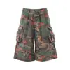 Shorts Casuales de Trabajo Estilo Americano Vintage con Estampado Floral Camuflado, Múltiples Bolsillos, Pierna Ancha, Largo Tres Cuartos, Unisex, Comercio Transfronterizo